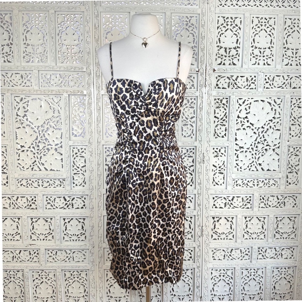 Vintage Cache Cheetah Print Fitted Knee Length Formal Cocktail‎ Party Dress Sz M